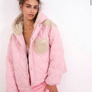 For love and lemons Puffer Jacket With Ruffle Trim & Heart Embossing